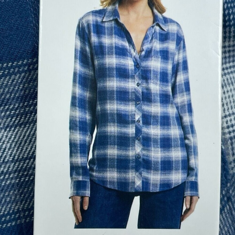 Weatherproof Vintage Womens Blue Plaid Comfort Stretch Button-Down Shirt S d0015